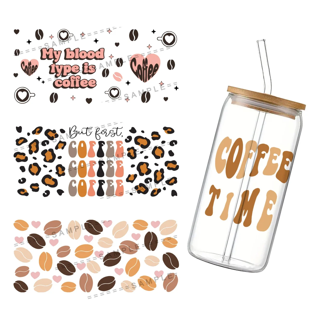 Coffee Pattern UV DTF Cup Wrap for 16Oz Libbey I Need Coffee Glass Can DIY Transfer Sticker