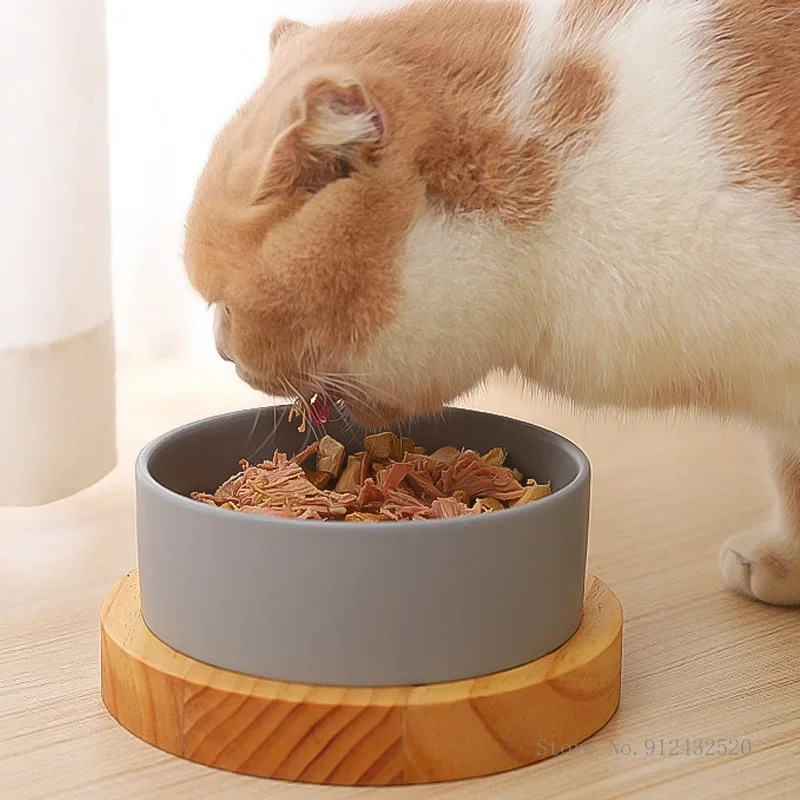 Creative Ceramic Pets Food Bowls with Wooden Stand, Cat and Dog Bowl, Protect the cervical spine, Anti-tipping, New Style, 1Pc