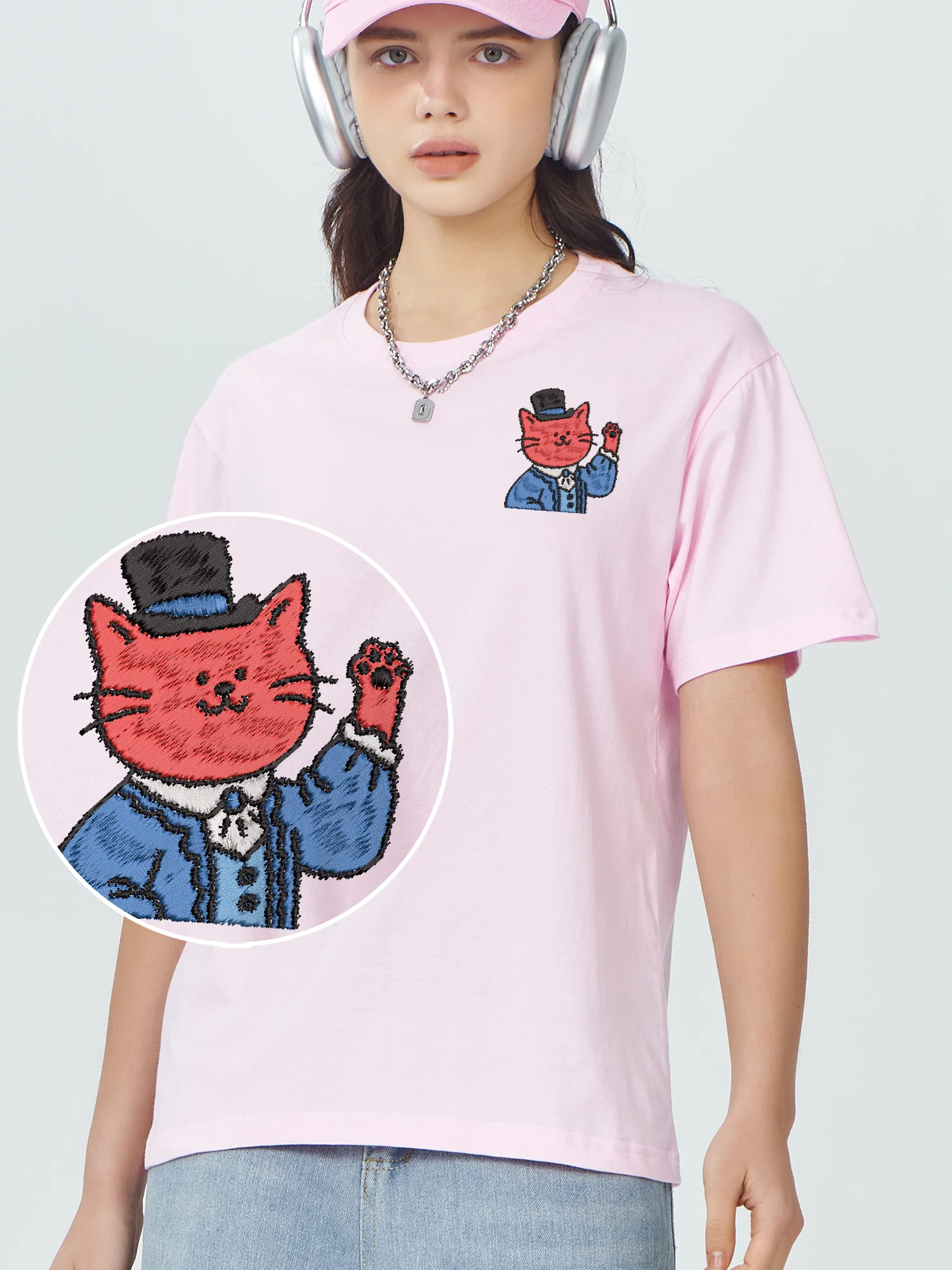 Mens Embroidered T Shirts Wearing Formal Cat High Quality Cotton T-Shirt Unisex Fashionable Streetwear Design Embroidery Tees​