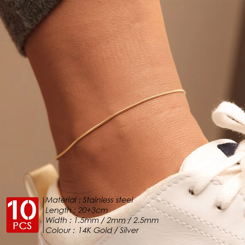 eManco 10PCS Snake Chain Anklet Stainless Steel Adjustable Minimalism Chain Ankle Gifts for Women Girls Jewelry Wholesale