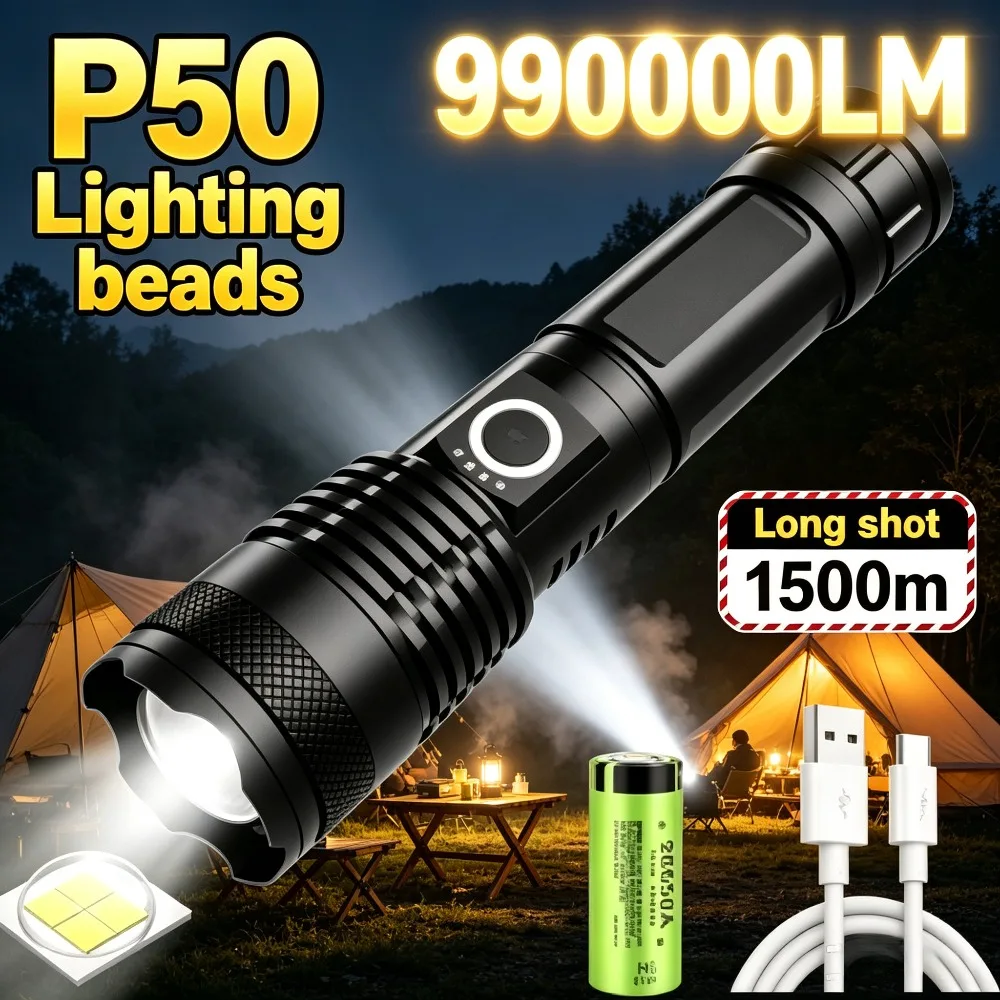 P50 Super Bright LED Flashlight Waterproof Telescopic Zoom Torch for Night Fishing Hiking Patrol Outdoor Emergency