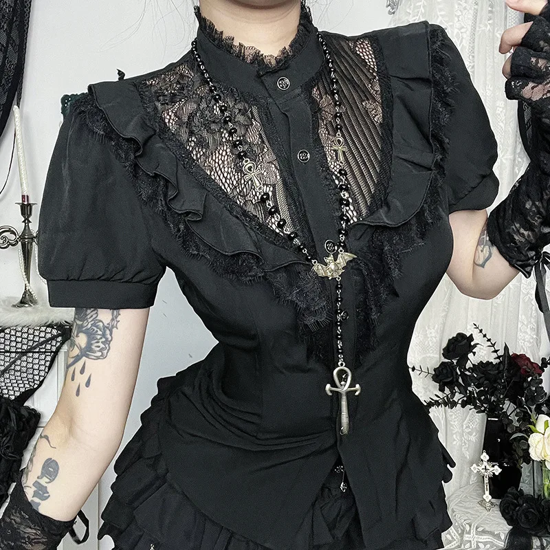 

Y2K Dark Lace Patchwork Hollow Out Short Sleeve Shirt Blouses Women Mall Gothic Button Slim Shirts Kawaii Tops Alt Teachwear