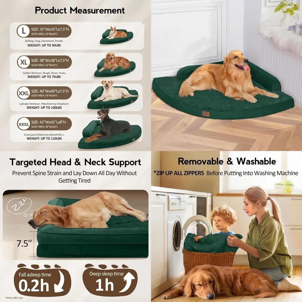 

Ортопедическая кровать для собак из пены с эффектом памяти XL со съемным моющимся чехлом и водонепроницаемым и нескользящим основанием темно-зеленого цвета