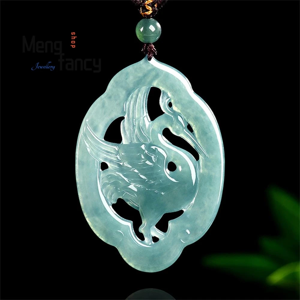 

Natural A-grade Jadeite Blue Water Cloud Stream White Egret Pendant Ice-type Jade Chinese Style High-end Popular Fashion Jewelry