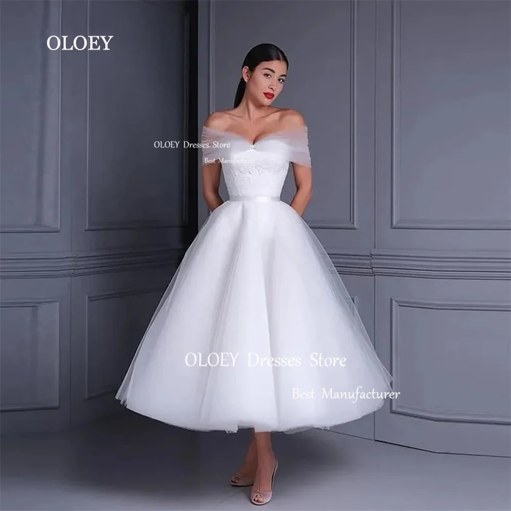 

OLOEY Elegant Korea Wedding Dresses Strapless Mid-Calf Length A Line Tulle Bridal Gown Custom Photography Robe de marriage