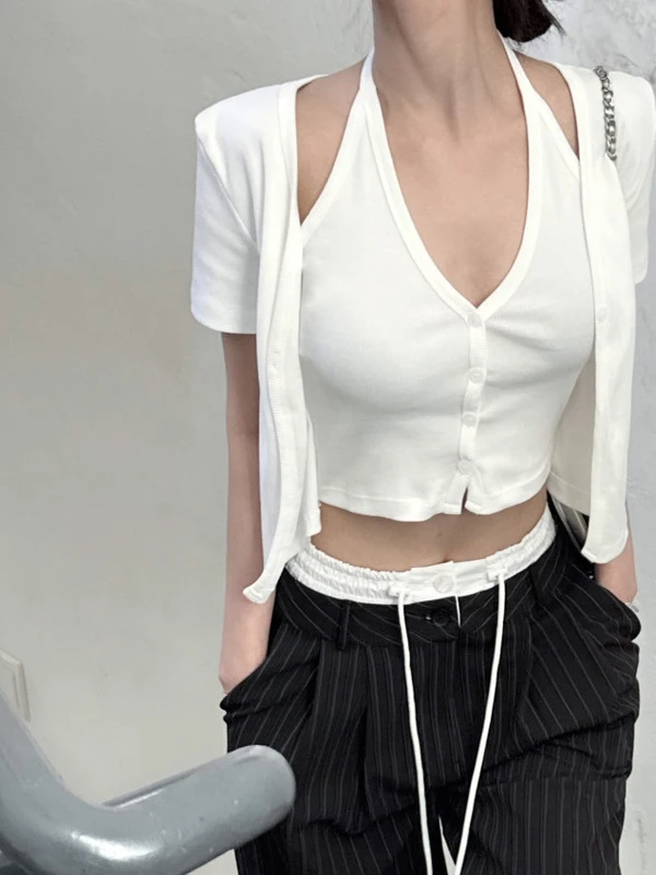 Faionable Canotta da donna coreana Sle Estate 2025 Ne Hanging Or Sve Cardigan slim fit Top da ragazza piccante in due pezzi falso