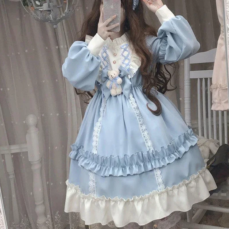 Autumn and Winter New Lolita Princess Dress for Women Girls Sweet Cute Bow Bear Ruffle Edge Student Kawaii Long-sleeved Dress