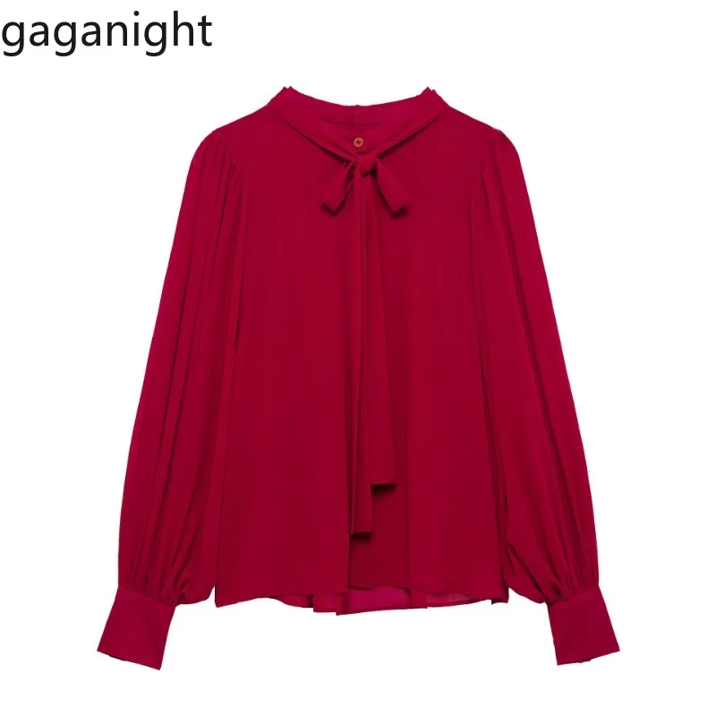 

Gaganight Office Lady Shirts Women Elegant Bow Bandage Loose Solid French Style Chic Long Sleeve Temperament Elegant Blouse