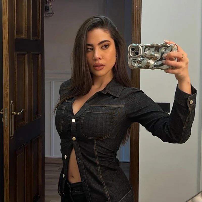 

Women's Denim Long Sleeve Shirt Slim Fit Blend Casual Button-Down Blouse Streetwear Spring Autumn Daily Wear Versatile Style