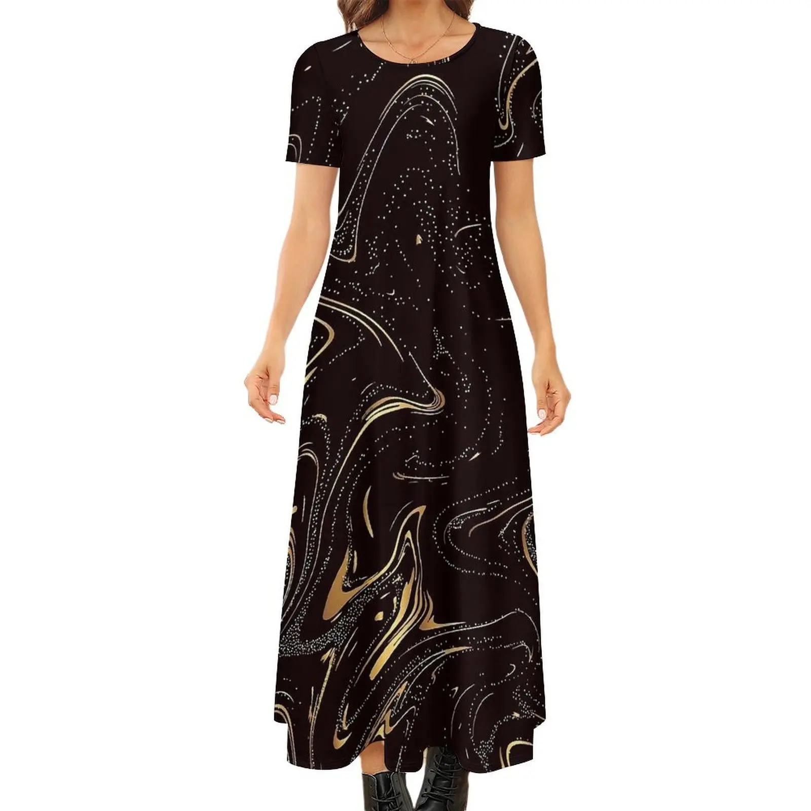 Abstract Wave Dress Gold Liquid Print Street Style Bohemia Long Dresses Ladies Elegant Maxi Dress Big Size 6XL 7XL