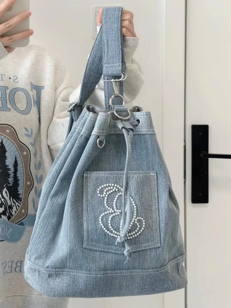 Tas ransel wanita Korea, tas ember Denim kasual wanita Korea, tas ransel serut, tas perjalanan, tas desainer