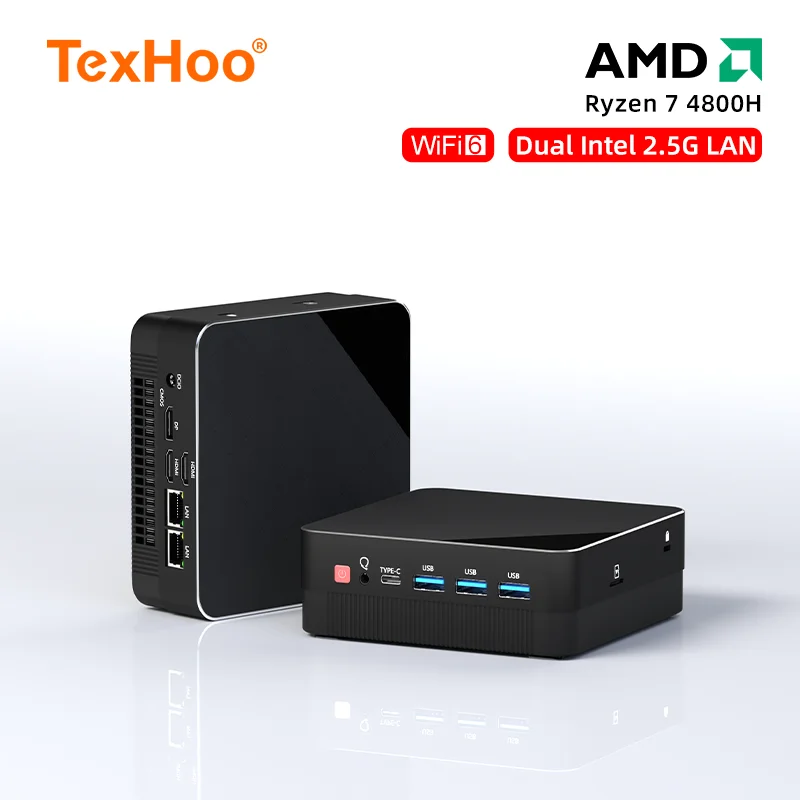 TexHoo Mini PC Computer Gaming AMD Ryzen7 4800H Pocket Dual HD-MI LAN WIFI6 Windows 11 Pro NUC Office DDR4 NVMe Vier display