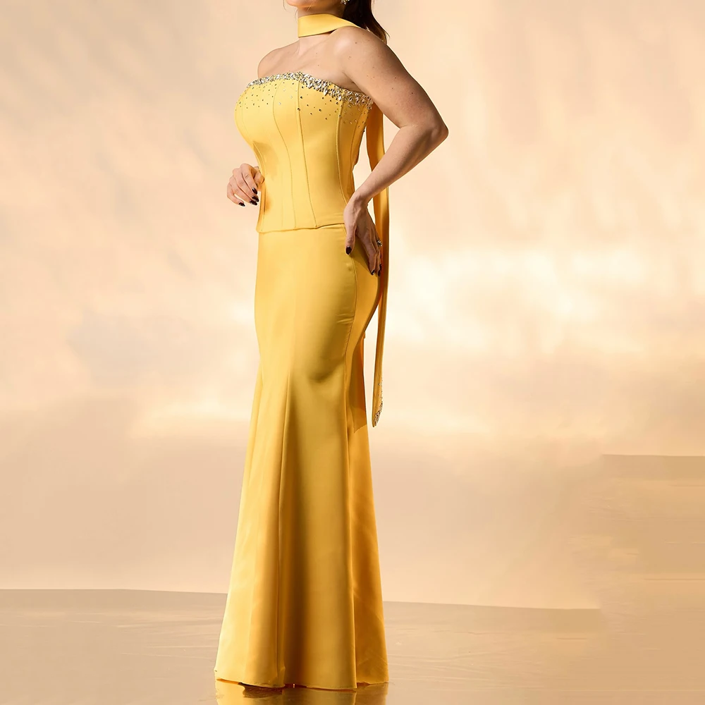 

Customized A-line Evening Dresses Floor-length Strapless Sleeveless Prom Gown Fashion Crystal Stole Draped Lace-up Party Gown