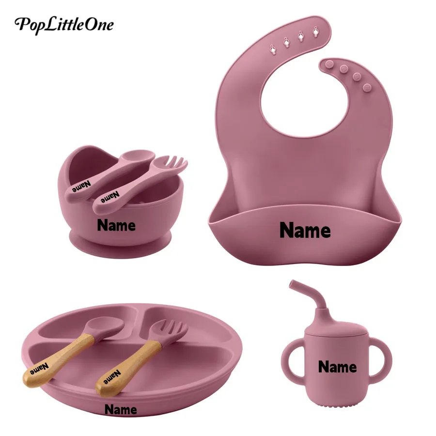 

Free Custom Name Silicone Baby Feeding Sets BPA Free Suction Bowl Plate Spoon Fork Bib Cup Mother Kids Tableware Baby Items