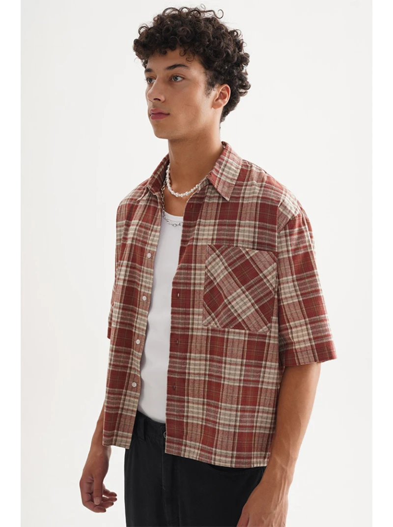 Men's Fashion Boxy Fit Checkered Short Sleeve Shirt 100% Cotton Oversized Casual Slim Fit Vintage Plaid Shirt Summer Couple Tops