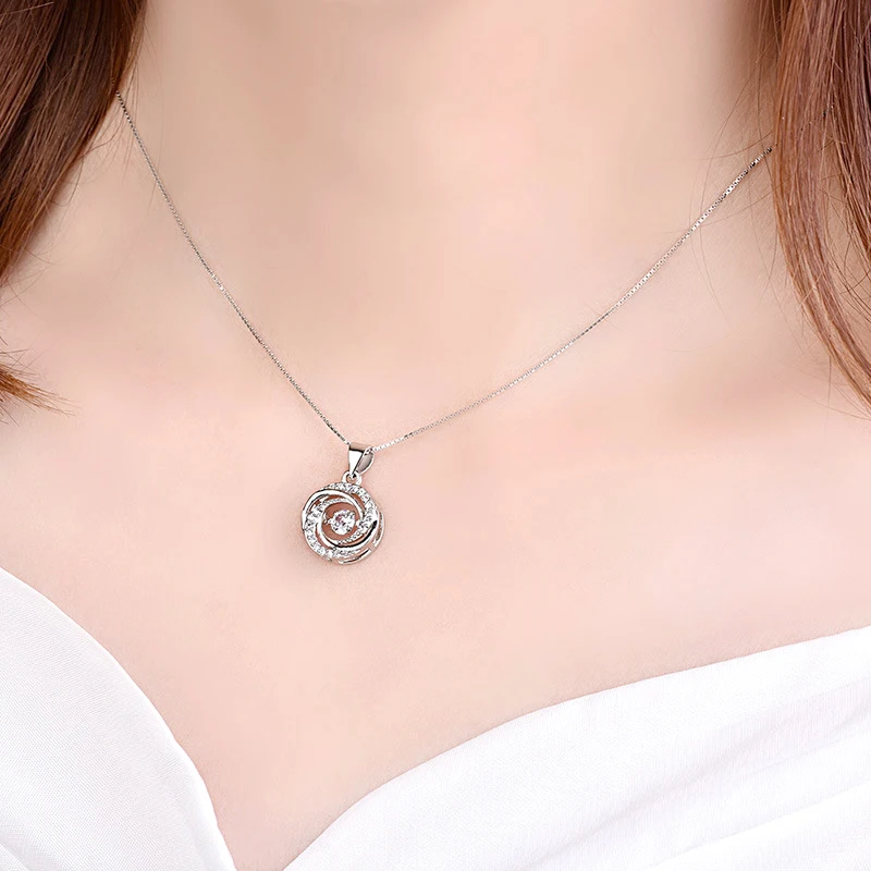 Fashion Will Dance Zircon Round Whirl Pendant Necklaces 925 Sterling Silver Jewelry Women Gift Length Adjustable CZ Charm Choker