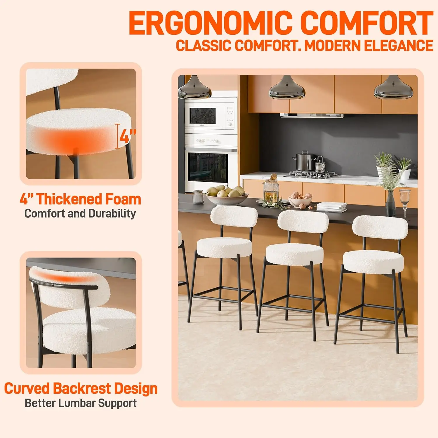 مجموعة مقاعد بار مقاس 24 بوصة مكونة من 3 قطع، مقاعد بارتفاع عداد أبيض حديث مع مقعد دائري سميك وظهر منحني