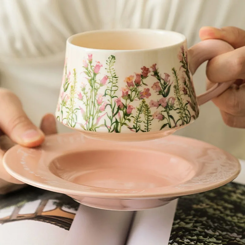 Exquisite Ceramic Coffee Cup Lily Wind Chime Flower Pattern 260ML Cup Saucer High-temperature Decal Fresh Temperament Mug Cup