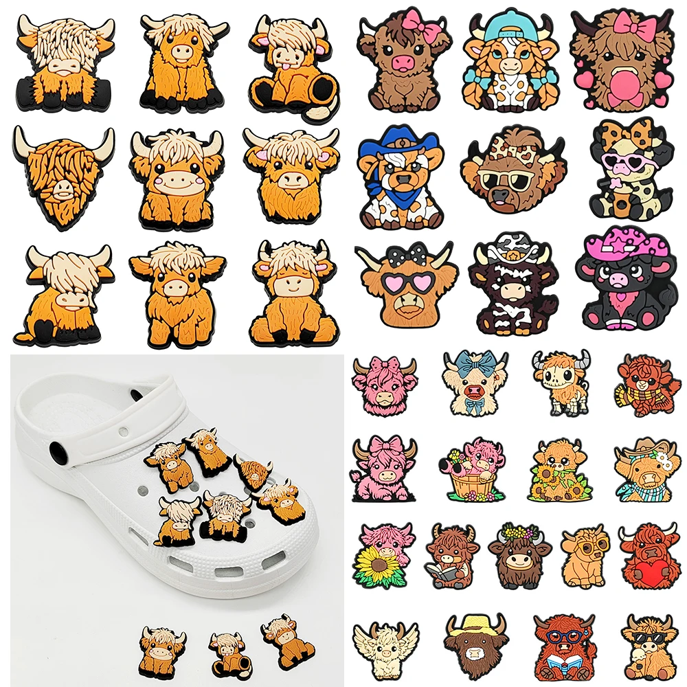 Cute 9-17PCS Highland Cattle Shoe Charm Mix Wholesale for clog bracelets bags PVC Decor Buckle Detachable DIY Waterproof To Gift