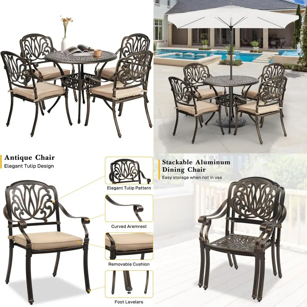 Aluminum Outdoor Patio Dining Set with Weather-Resistant Table, Chairs, and Cushions, Including Umbrella