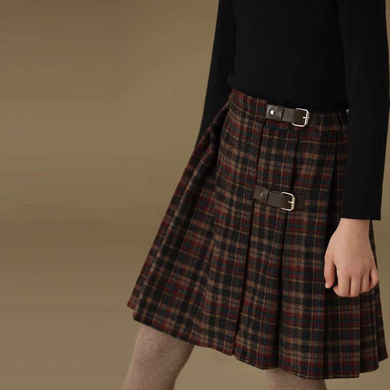 Children\'s Clothing School Skirt Girls Mother Kids 24 Autumn and Winter New Products Retro Plaid Wool Skirt Casual Thick Pleated