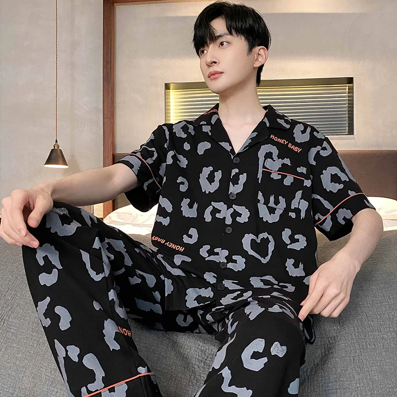 New Cotton Pijama for Men 2 Pieces Lounge Sleepwear Pyjamas Print Summer Bedgown Home Clothes Man PJs Pure Cotton Pajamas Set