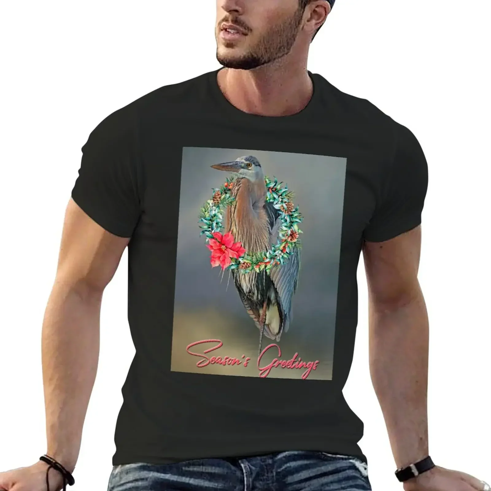 A Blue Heron Christmas Greeting T-Shirt boys whites kawaii clothes customs design your own T-shirt men