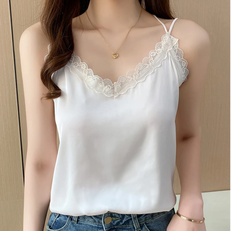

Женский кружевной топ без рукавов, атласная шелковая майка с V-образным вырезом и открытыми плечами, лето 2022