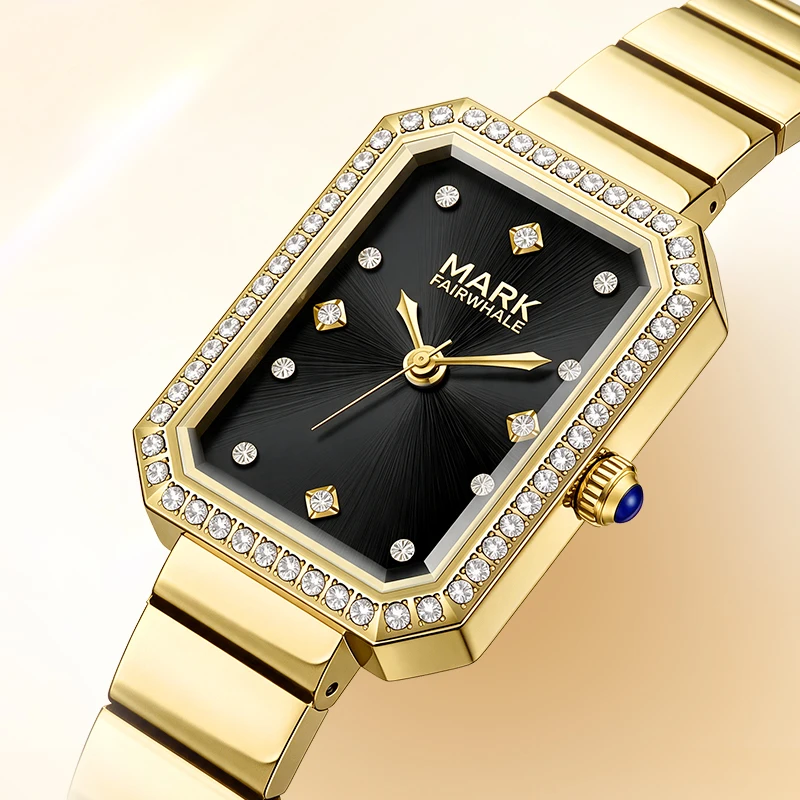 MARK FAIRWHALE Quartz Watch FW‑3003 Square Zircon Inlaid Dial Coated Crystal Stainless Steel Bracelet Wristwatch For Women