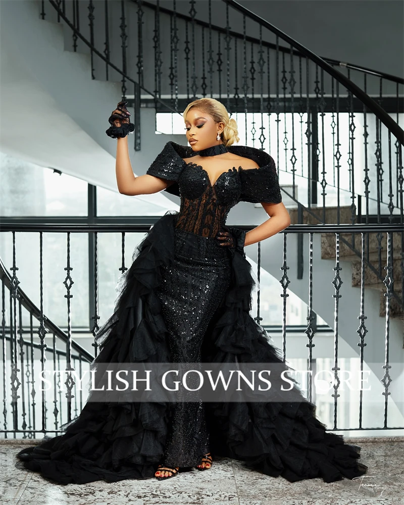 Aso Ebi สีดําชุดราตรีประดับด้วยเลื่อมรับจัดงานแต่งงานชุด Ruffles ชุดวันเกิดที่ถอดออกได้ Vestidos De Noche ที่กําหนดเอง