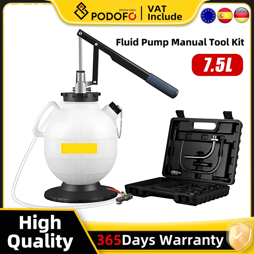 Podofo 7.5 Pompe à fluide de transmission manuelle, distributeur manuel avec 15 adaptateurs de recharge, boîte à outils, levier extra long, raccord rapide, valve de contrôle du débit, tuyau transparent pour le remplissage d'huile du maître-cylindre de boîte de vitesses de voiture.