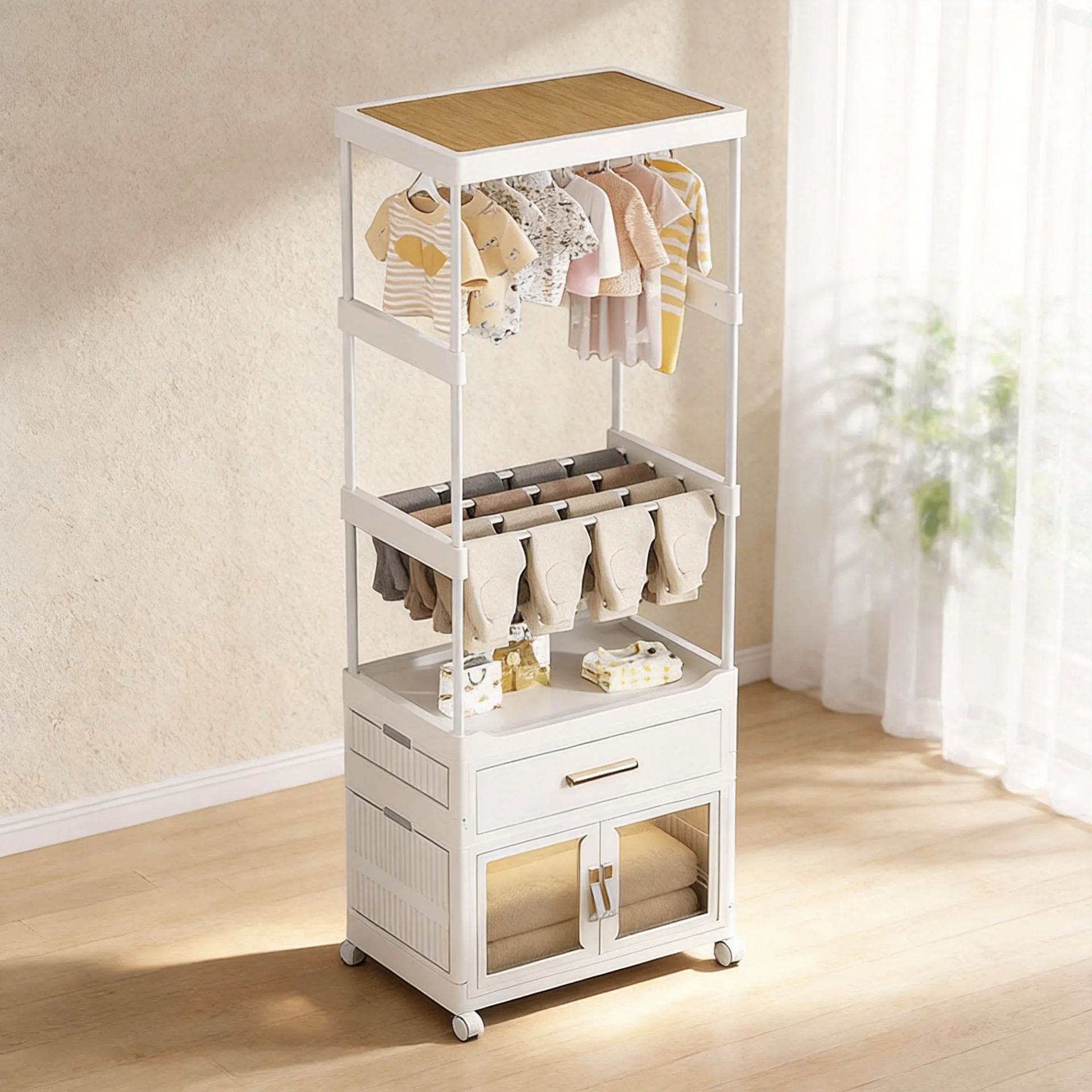 Clothes drying rack Floor-to-ceiling bedroom hanger with drawers with wheels Living room clothes storage rack Clothes removable