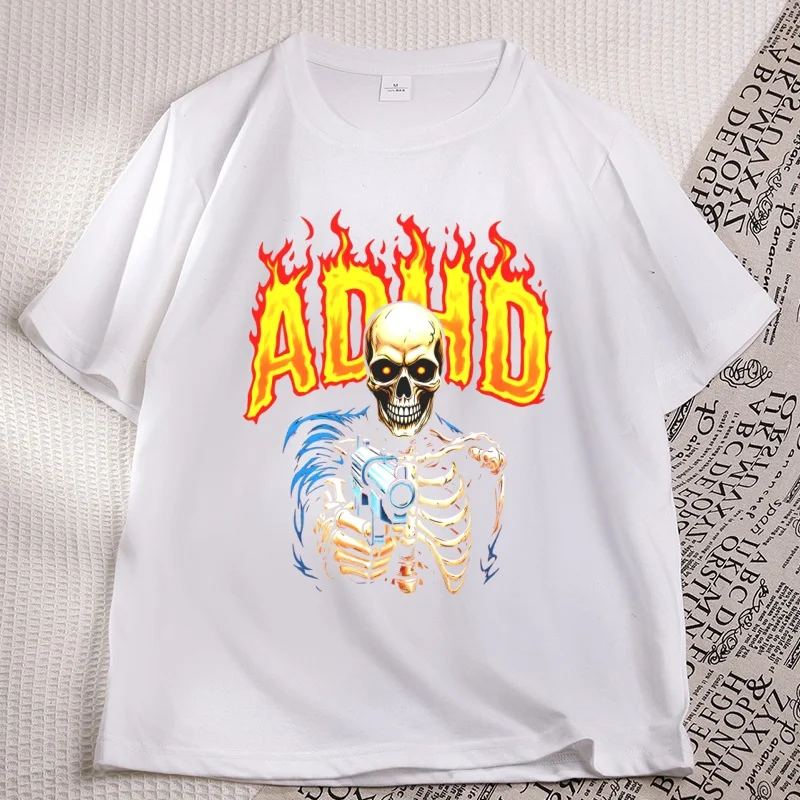 ADHD T Shirt Funny Skeleton T-shirts for Men and Women Graphic Tee Humor Short Sleeve Round Neck Printed T-shirts Streetwear