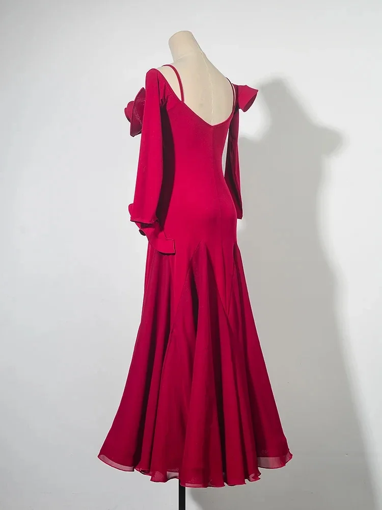 Novo vestido de competição de dança de salão folha de lótus gola de renda valsa feminina roupas padrão manga longa traje de dança moderna