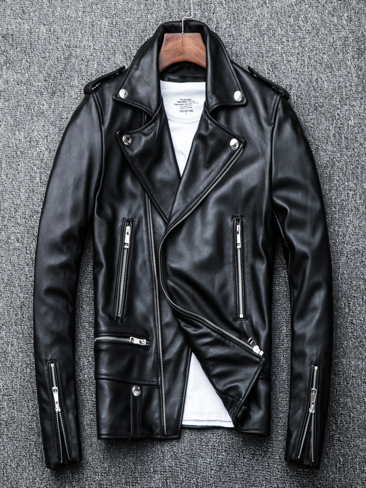 

YR!Free shipping.100% sheepskin.Brand classic short motor biker leather jacket,mens slim genuine coat,Japanese quality