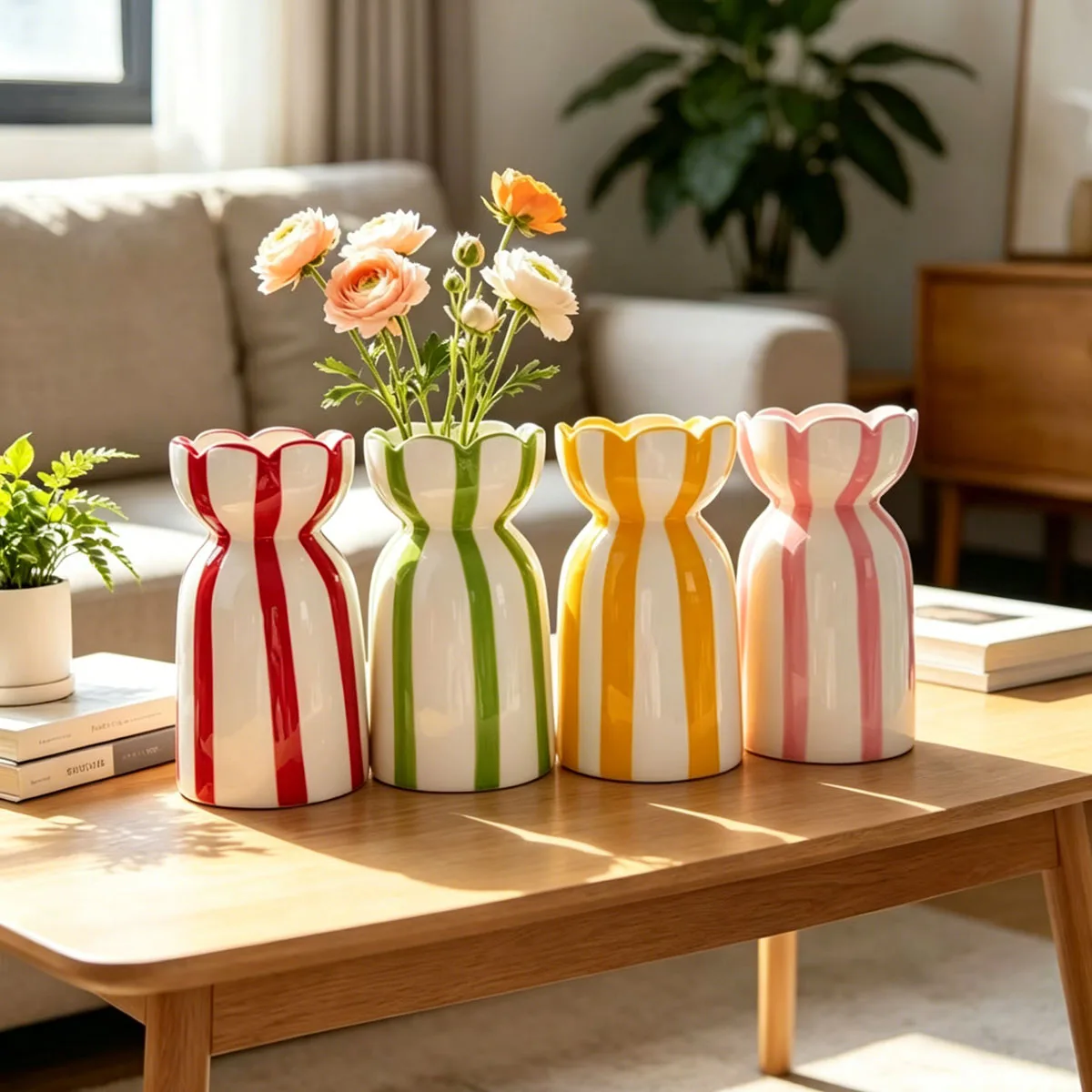 Striped Ceramic Flower Vase,Wedding Festival Spring Plant Pot ,Elegant Home Living Room Tabletop Decorative Ornament