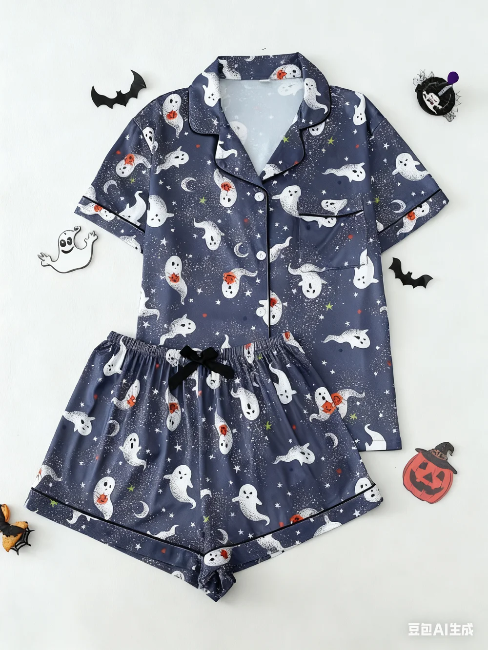 New Women Halloween Pajama Set Two-Piece Nightwear Ghost Pumpkin Print Short Sleeve Sleepwear Soft Pajamas Lounge Set Party
