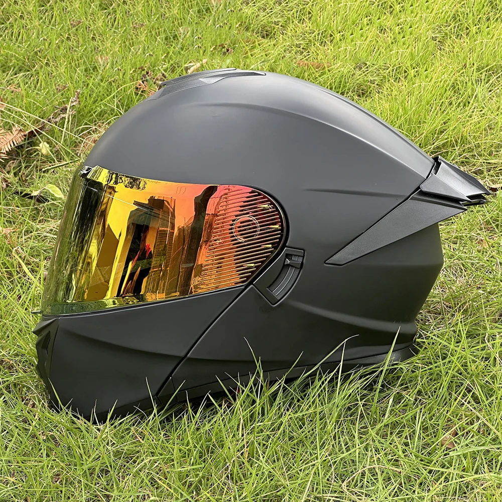 Matte Black Motorcycle Helmet, Solid Color Mecha Style, Dual-Layer Visor Flip-Up Helmet for Men, Full-Face Motorcycle Helmet, Personalized Large Helmet for Men, Suitable for All Seasons, Removable Inner Liner