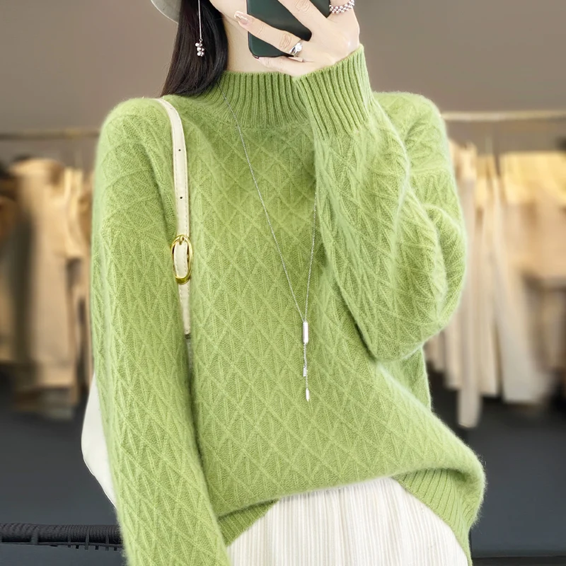 100% Australian Merino Wool Sweater Women\'s Autumn Winter New Thickened Half Turtleneck Knit Pullover Long Sleeve Loose Clothing