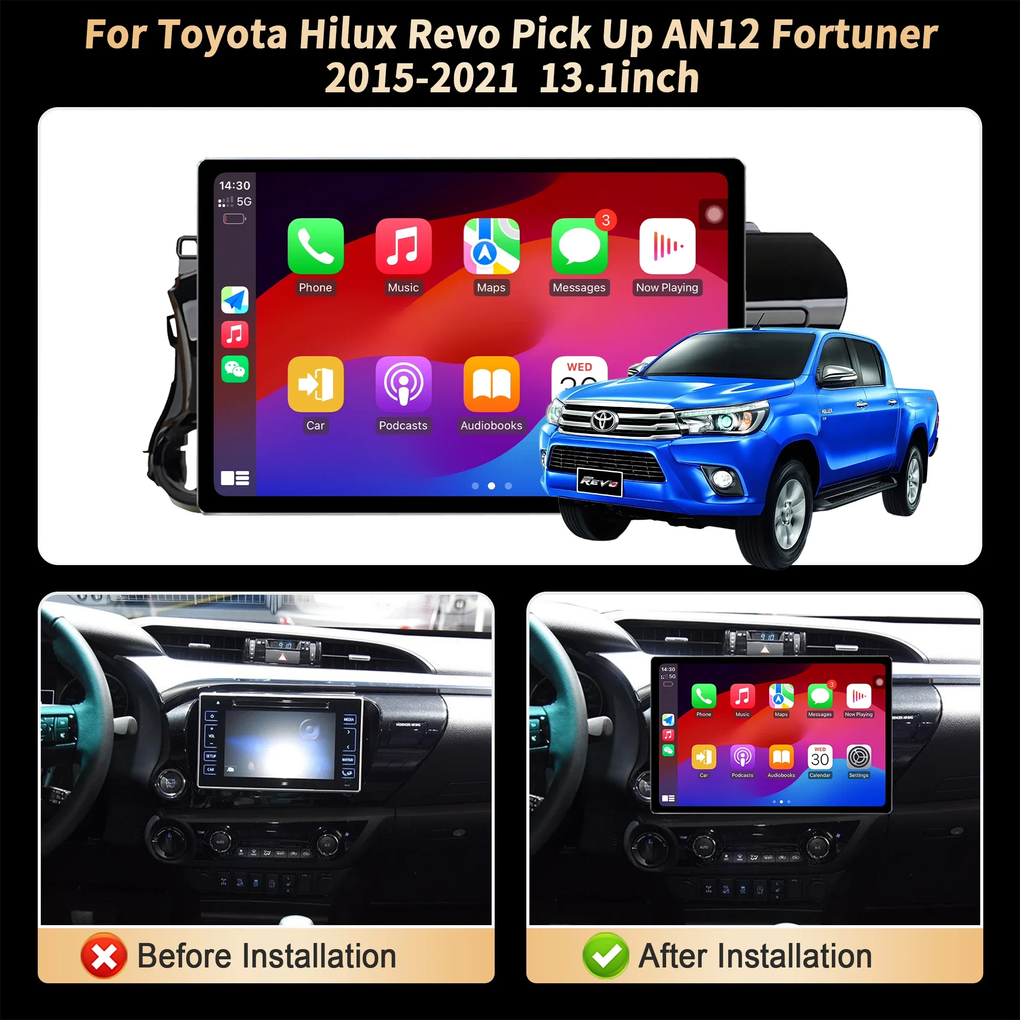 13.1 inch For Toyota Hilux Revo Pick Up AN12 Fortuner 2015-2021 Car Radio Wireless Carplay GPS Multimedia QLED Screen Stereo