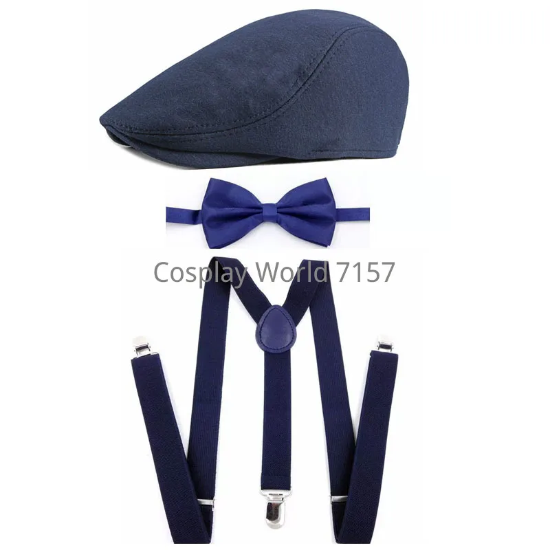 Men 3 In 1 Suspender Bowtie Beret Cap Set Solid Navy Adult Elastic Braces Bow Tie Flat Cap For Wedding Formal Dinner Cosplay Cos