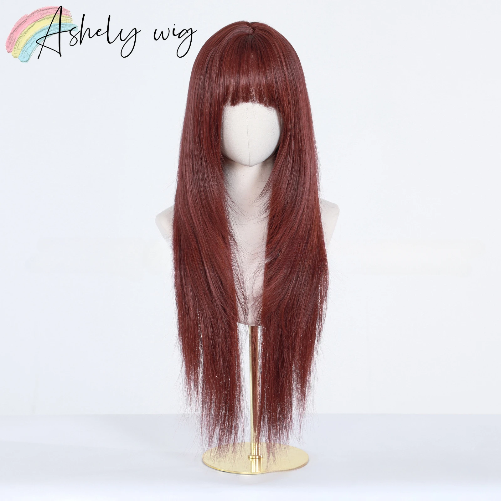 Red Wig for Women 28inch Long Straight Layered Hair Wig with Bangs Black High Quality Fibers Lolita Cosplay Wig Perruque Femme