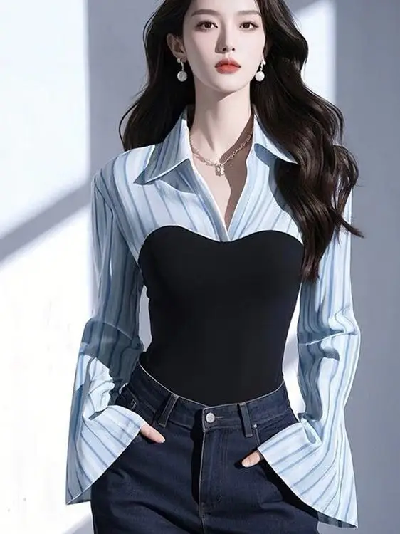 Unique Chic Striped Patchwork Long Sve Women's irt Spring Autumn Slimming Slim Fit Bell Sve Top Korean Sle Commute