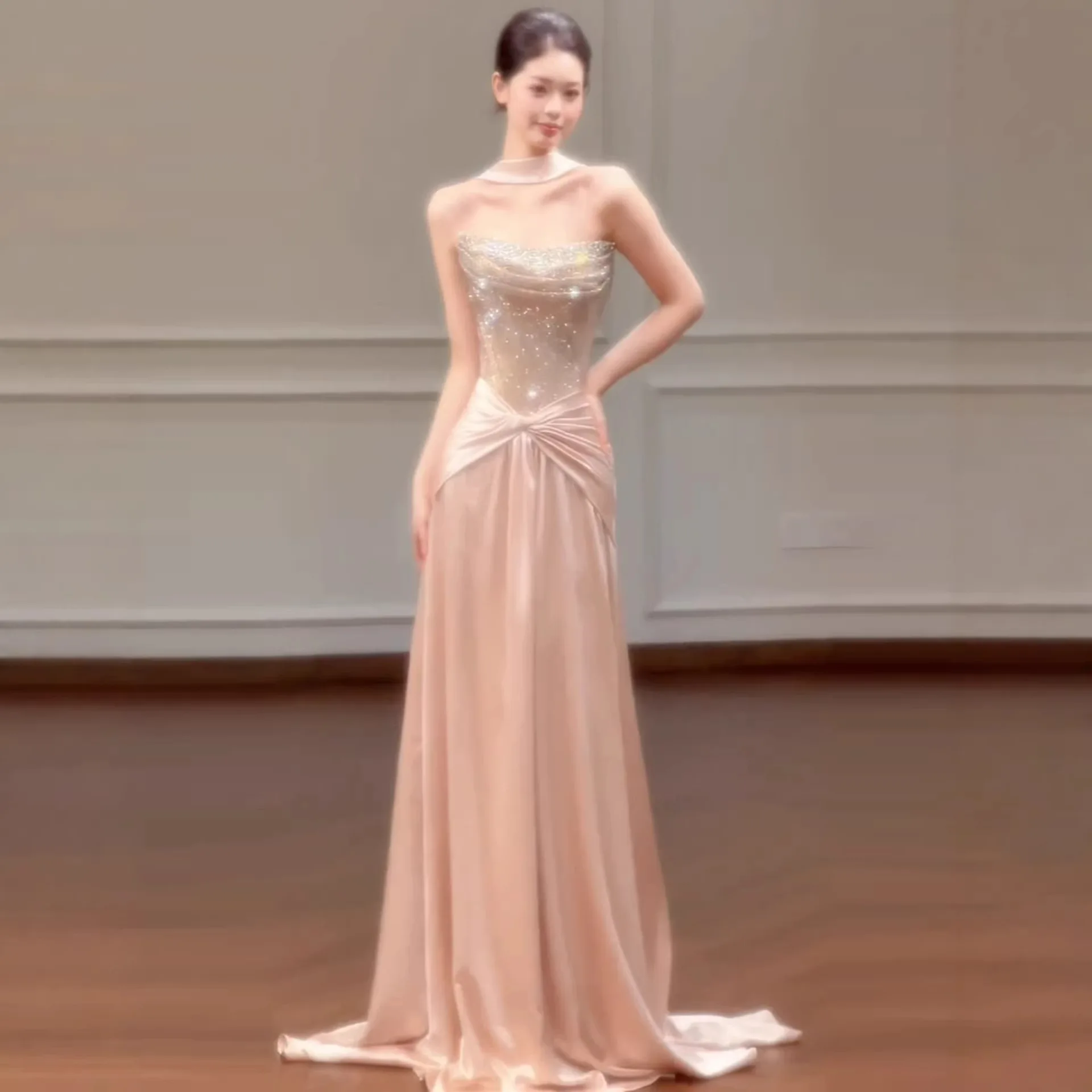 Tube Top Sequined Evening Dress 2026 New Banquet Fishtail High-End Engagement Dress Temperament Host Dress