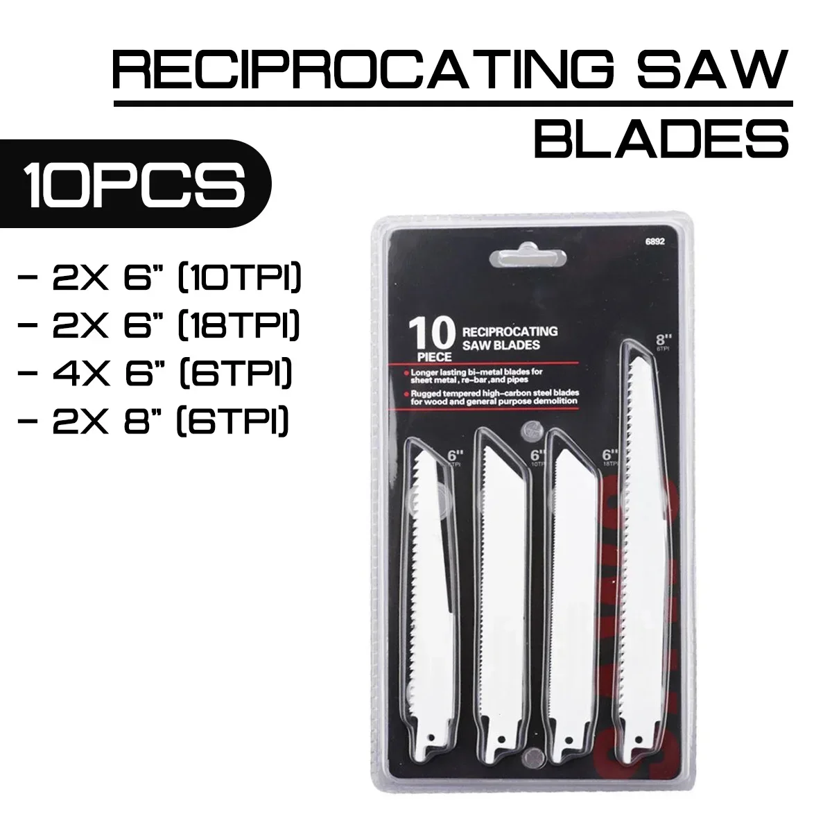 10Pcs for Wood Metal Cutting Power Tools Accessories Reciprocating Saw Blades set 6/10/18 6/8 Inch High Carbon Steel TPI Blade