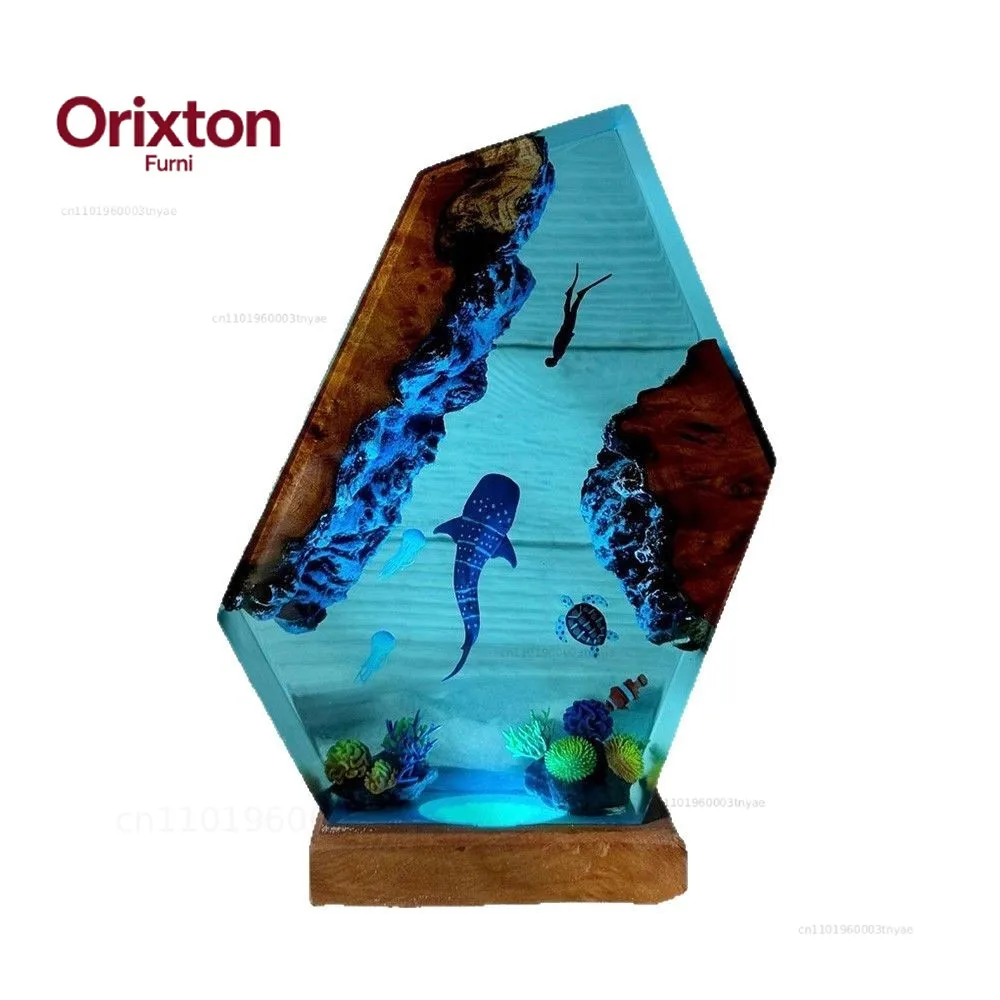 Ocean Resin Night Light with Turtle & Shark, Wooden Base Marine Life Lamp, Diver Sculpture Gift for Family, Christmas Home Decor