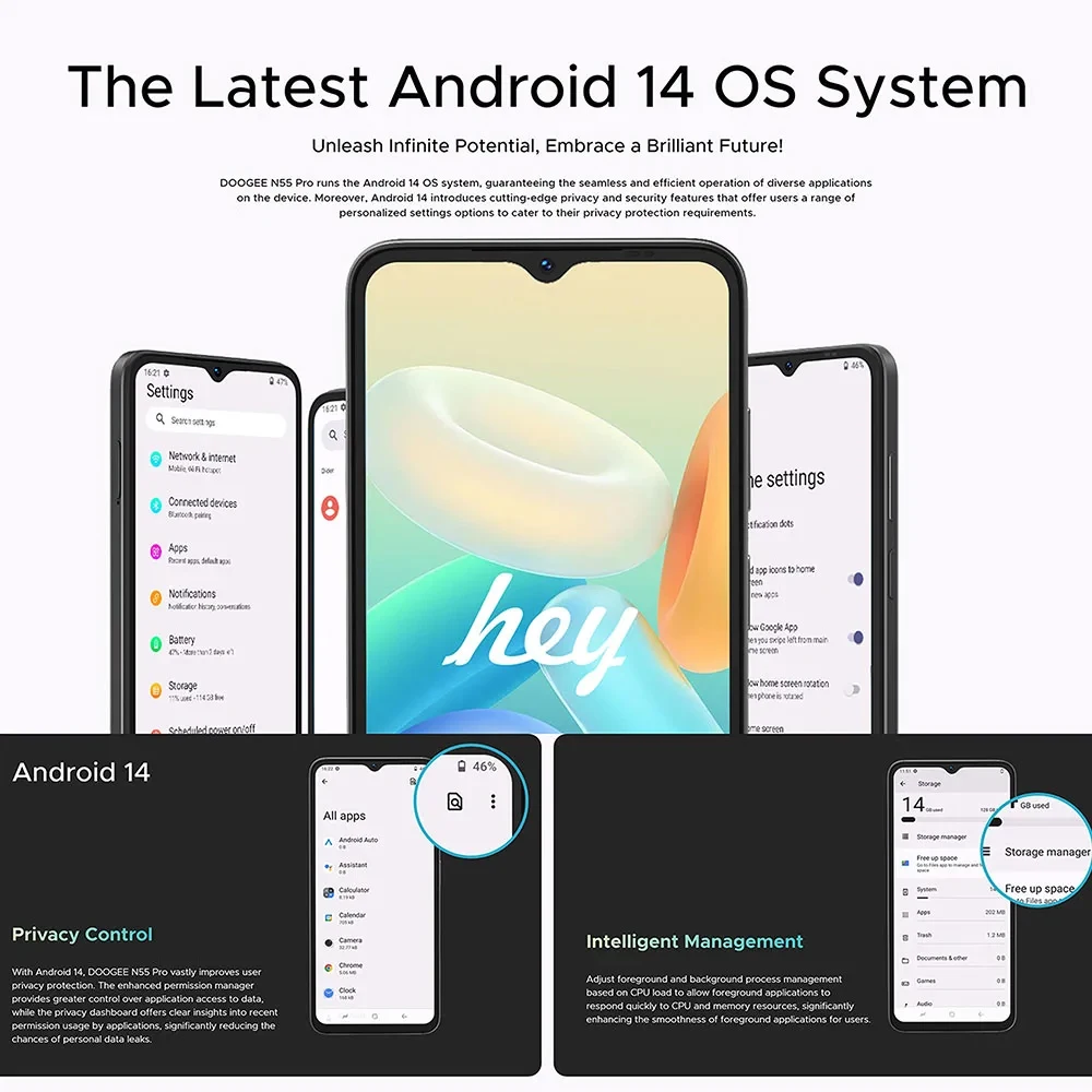 ดูจี N55โปรสมาร์ทโฟนแอนดรอยด์14แปดแกน6.56นิ้วโทรศัพท์มือถือ6GB + 256GB 5150mAh 13MP ปลดล็อกใบหน้า4G