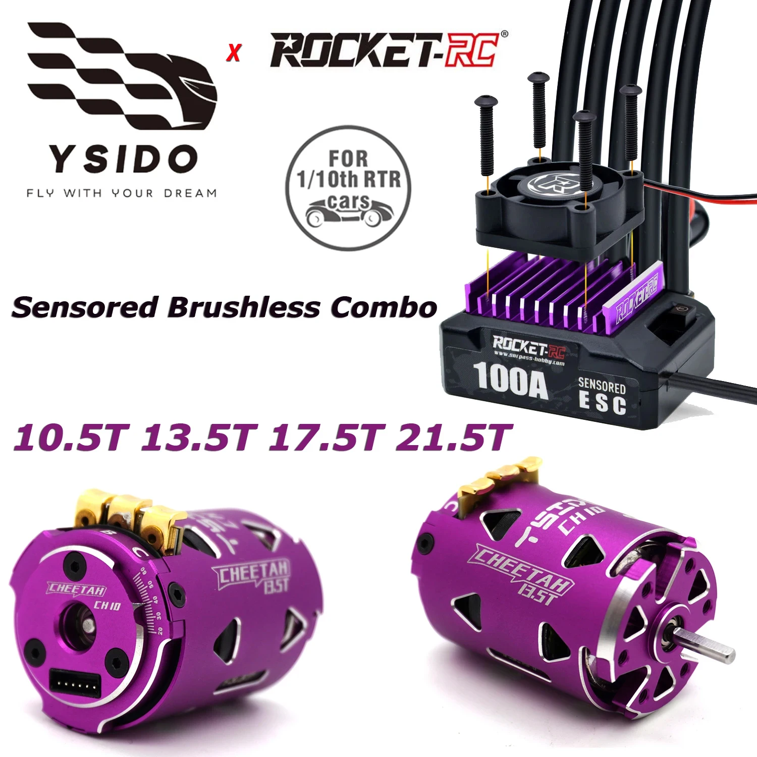 

ROCKET RC 100A ESC w/CH10 Motor 10.5T 13.5T 17.5T 21.5T Sensored Brushless Combo 3.175mm Shaft for 1/10 1/12 RC Drift Racing Car