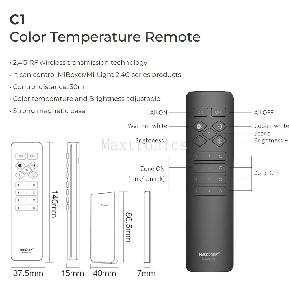 Miboxer 4-Zone C1/C2/C3/C5 RGB+CCT Remote Controller Color Temperature Magnetic 2.4G RF Wireless Brightness Adjustable Lighting