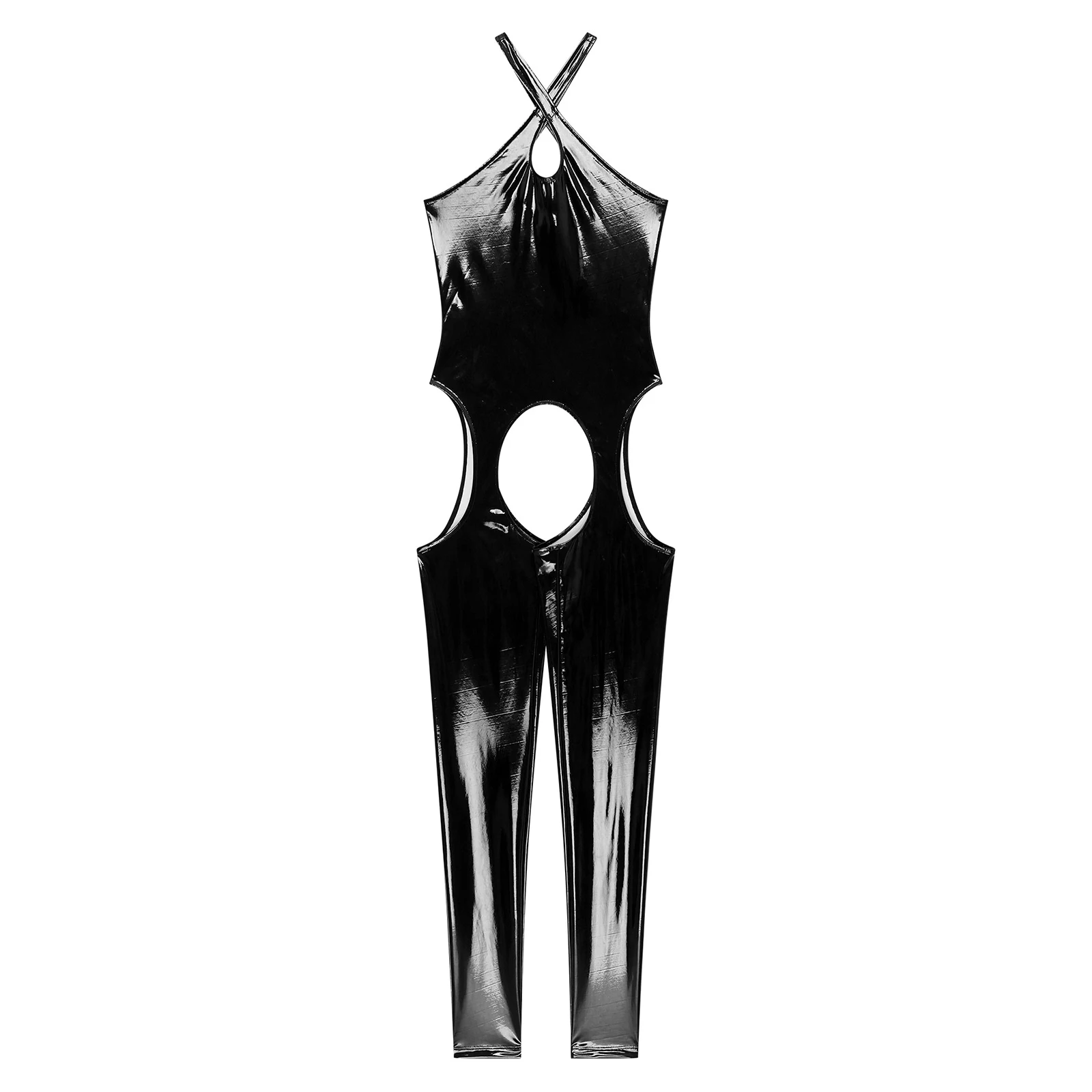 Women Sexy Crotchless Open Butt Bodysuit Wet Look Patent Leather Cutout Jumpsuit Nightclub Party Pole Dancing Costume Nightwear